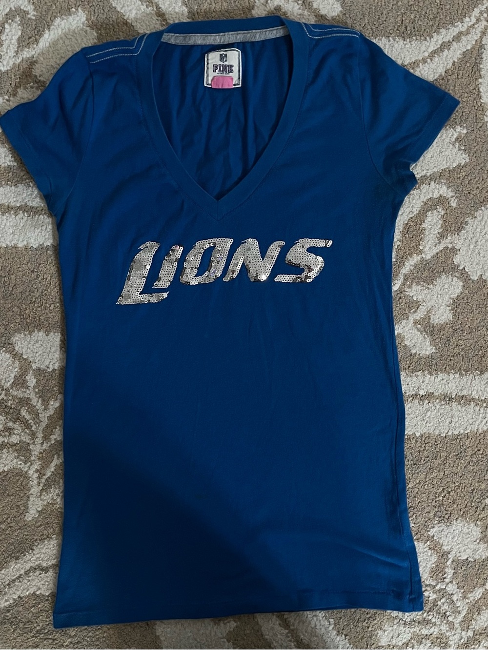 PINK Victoria's Secret Blue V-Neck 'Lions' Sequin Tee